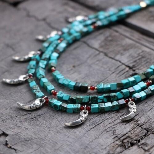 Fashion Small Square Bead Choker Necklace Natural Stone Turquoises Multi-layer Short Necklace With Small Elephant Charms