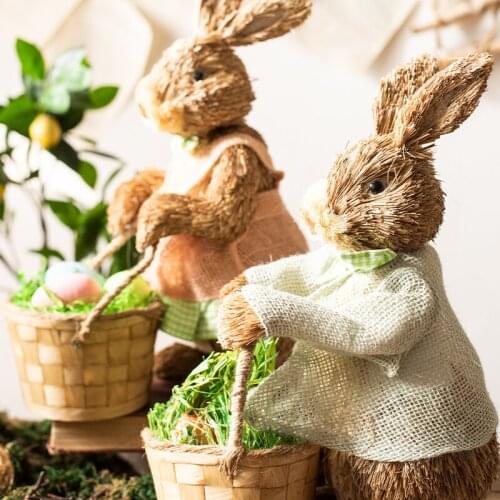 Rural Style DIY Straw Easter Bunny Brown Home Table Decorations Craft Festival TV Cartoon Ornaments Figurines For Party