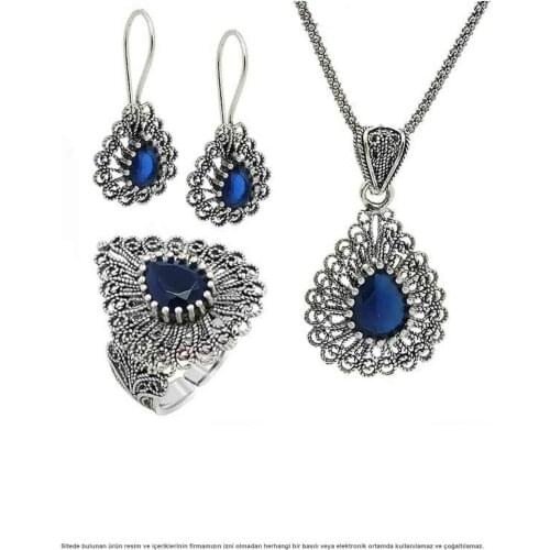 Silver Filigree Stem Sapphire Cubic Zirconia Triple Set Jewelry Midyat