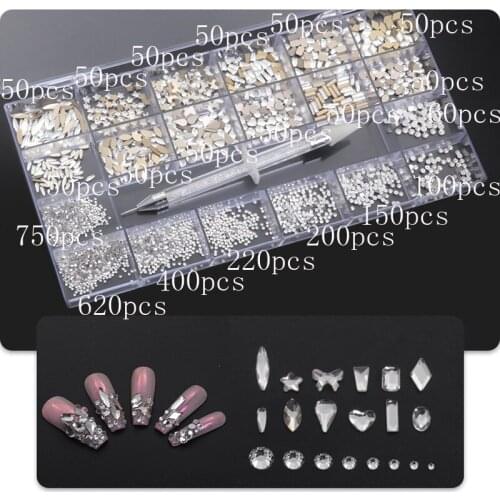 Swarovsky Nail Rhinestone 21 Grids With 1 Dotting Pen Crystals AB DIY Rhinestones Gold Bottom Glass Stones For Nail Art Decorati