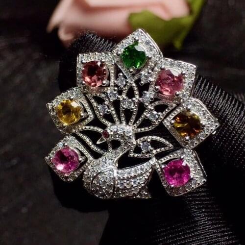 Tourmaline brooch Free shipping Natural real Tourmaline 925 sterling silver brooch 4*4mm 7pcs gemstone