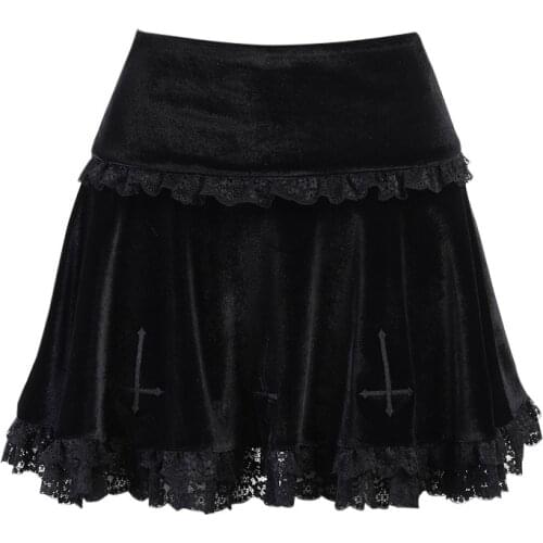 Women Vintage Harajuku High Waist Lace Ruffles Skirt Dark Cross Embroidered Lace Suede Skirt Goth Dark Mall Gothic Y2k Skirt