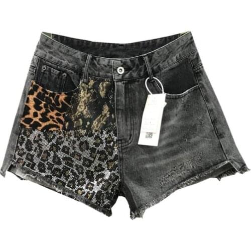 Black Grey Denim Shorts for Women 2021 Spring Summer New Heavy Embroidery Hot Drilling Retro Wide Leg Leopard Print Hot Pants
