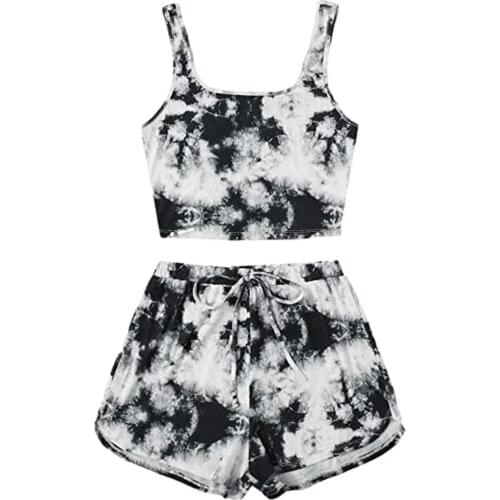 Womens Fashion Shorts Suit Womens Tie-Dye Printing Two Piece Outfits Sleeveless Casual Cami Top And Shorts Set Шорты Женский
