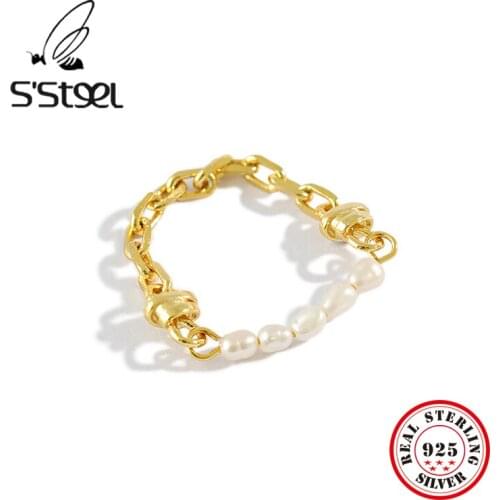 SSTEEL Baroque Freshwater Pearl Rings For Women 925 Sterling Silver Chain Gold Ring Anillos De Plata 925 De Ley Mujer jewelry