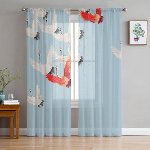 Crane Japanese Style Blue Window Treatment Tulle Modern Sheer Curtains for Kitchen Living Room the Bedroom Curtains Decoration