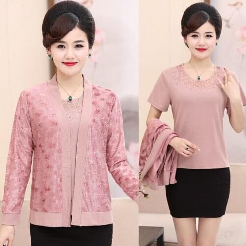 2pcs/set , Plus Size Middle-Aged Women Spring Autumn Lace Two Piece Suit T-shirt Top Casual MotherS Lace Cardigan Clothing 5XL