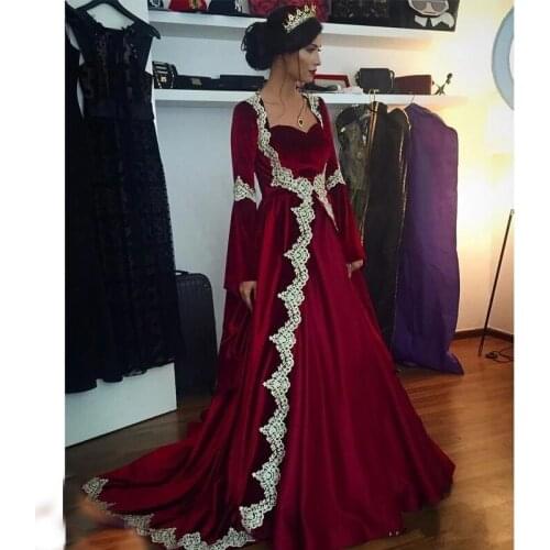 Burgundy Muslim Evening Dresses A Line Long Sleeves Appliques Dubai Saudi Arabic Long Evening Prom Gown Dress