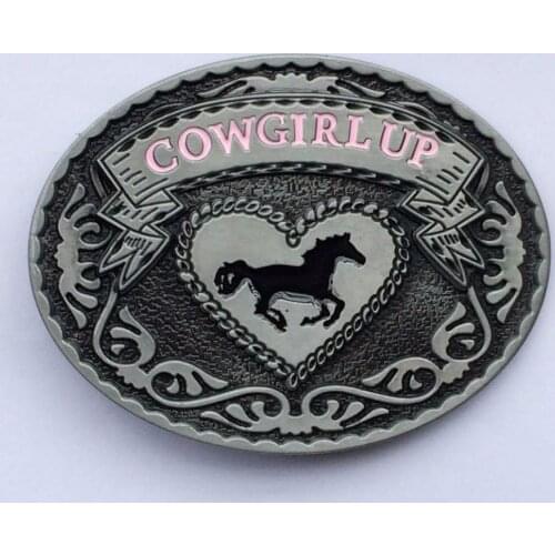 Cowgirl Up Running Horse Western Belt Buckle