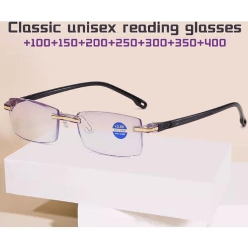 Women Frameless Square Reading Glasses Men Womens Anti Blue Light Computer Eyeglasses Far Sight Presbyopia Reader Glasses