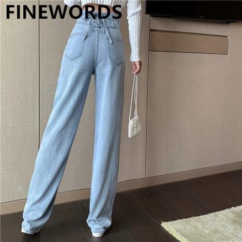 FINEWORDS High Waist Korean Back Bandage Wide Leg Jeans Vintage Casual Loose Blue Jeans Plus Size Denim Spodnie Damskie Jeansy