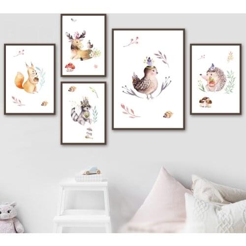 Raccoon Hedgehog Squirrel Elk Bird Cartoon Wall Art Canvas Painting Nordic Posters And Prints Animal Decor Pictures Child Room