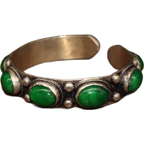 China Old Tibetan Silver Imbue Emerald Inlaid Bracelet