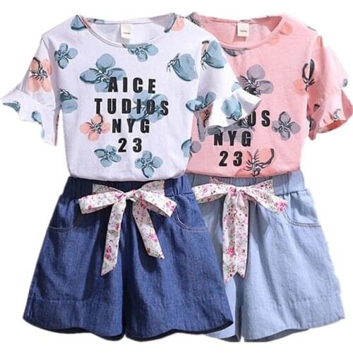 Girls Clothes Set Summer Flower Shirt +Jean Short Pants 2 PCS Girl Clothing Set For Girls Teen Kids Clothes 8 10 12 14 Year