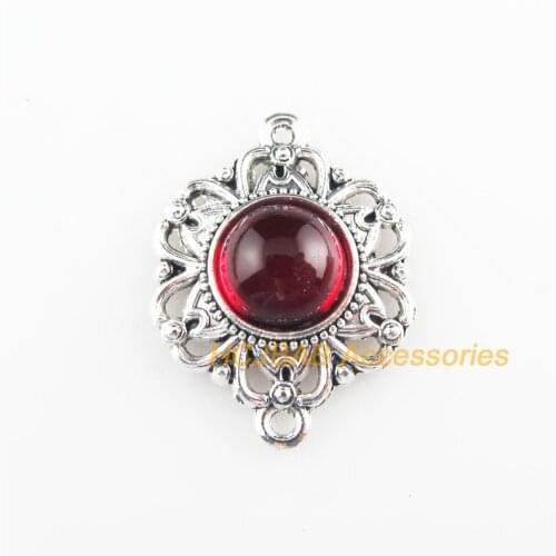 Fashion 8Pcs New Flower Charms Red Glaze Round Connectors Tibetan Silver Tone 21.5x28mm