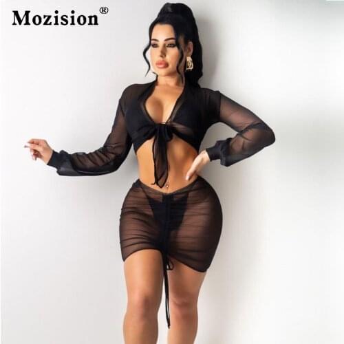 Mozision See Through Two Piece Set For Women Summer Long Sleeve Top Mini Skirt Suit Ladies Fashion Casual Party Beach Sets