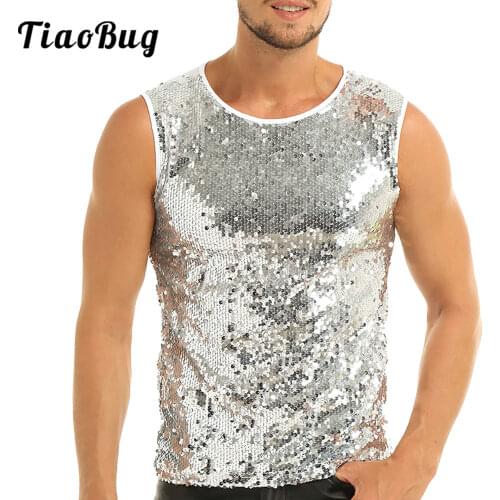 Mens Sequin Tank Top Slim Muscle Sleeveless Shirt 70s Disco Nightclub Vest