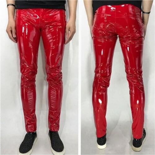 Bar Nightclub Men Singer Stretch Skinny PU Leather Pants Spring Autumn Thin Slim Fit Motorcycle Leather Trousers Plus Size Red