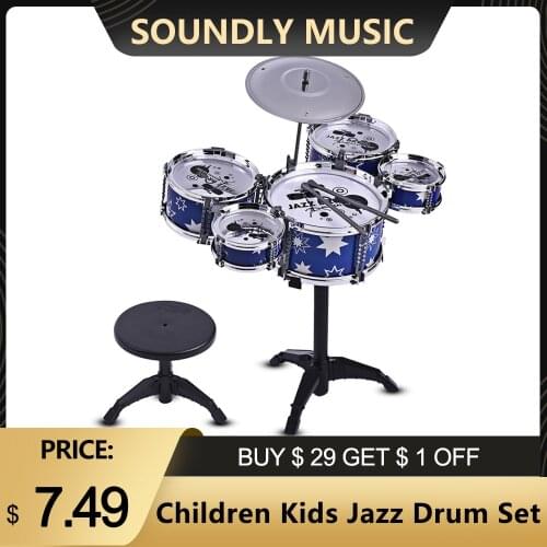 Children Kids Jazz Drum Set Kit Musical Educational Instrument Toy 5 Drums + 1 Cymbal with Small Stool Drum Sticks for Beginners