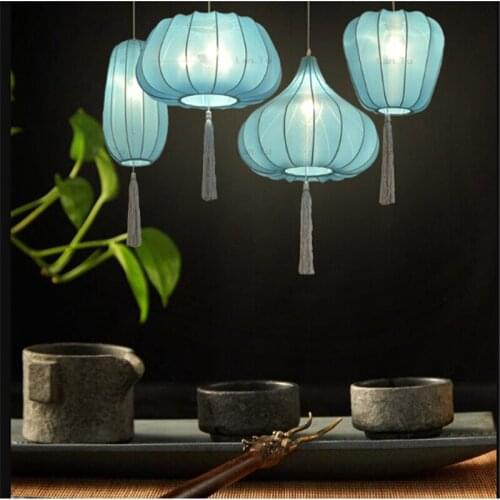 New Chinese pendant lights restaurant living room blue cloth lamp tea house hotel clubhouse bar lantern pendant lamp LU7293