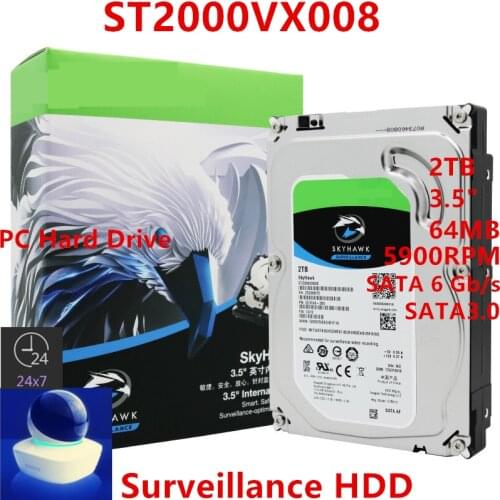 New HDD For Seagate Brand Skyhawk 2TB 3.5" SATA 6 Gb/s 64MB 5900RPM For Internal Hard Disk For Surveillance HDD For ST2000VX008