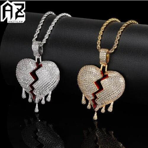 AZ Hip Hop Iced Out Broken Heart Pendant Necklace Paved Zircon Stone With Long Chain For Women Rapper Men Necklace Jewelry