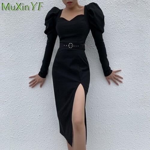 Sexy Split Black Long Dress Women Spring Autumn Slim Vintage Full Puff Sleeve Robe Office Lady Bodycon Waistband Dresses