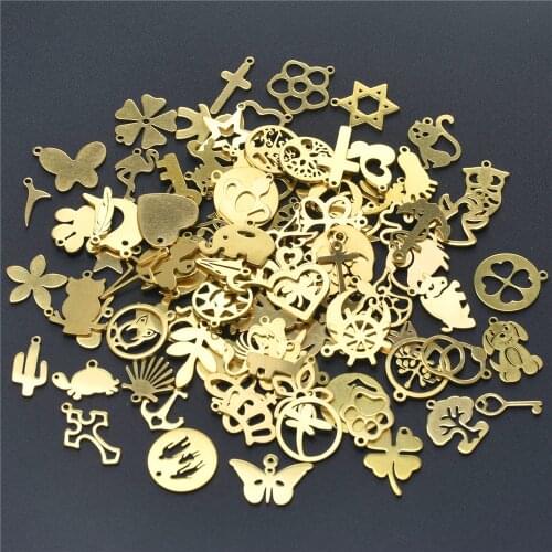 100Pcs Mixed Stainless Steel Vacuum-Plating Gold Charms Pendants Crafting Accessories for Necklace Bracelet Jewelry DIY Making