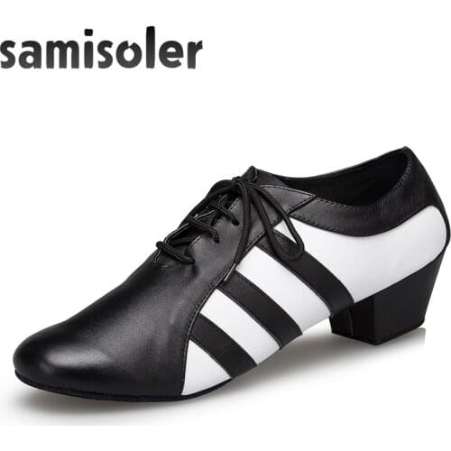 Samisoler Black White Mens Black leather ballroom dance shoes Flats Modern dance shoes Tango Party Wedding Square dance shoes