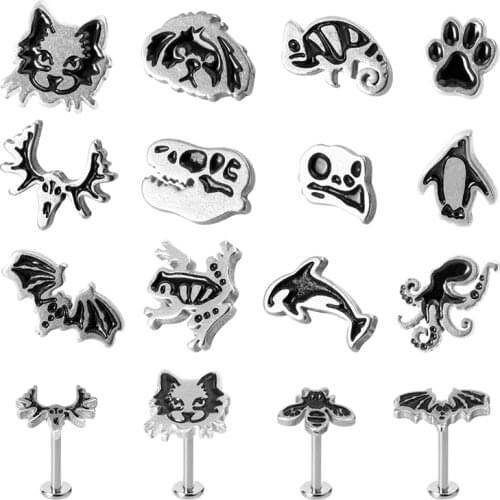 HONGTU 1PC 16G Stainless Steel Helix Monroe Labret Lip Studs for Men Women Cat Dog Eagle Tragus Cartilage Stud Earrings Piercing
