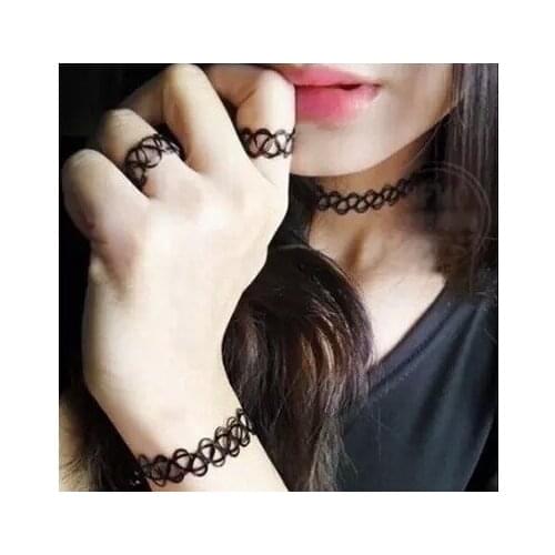 Elastic wire Japan goth harajuku tattoo necklace earrings rings jewelry set for women fashion girls jewelry black color fj150