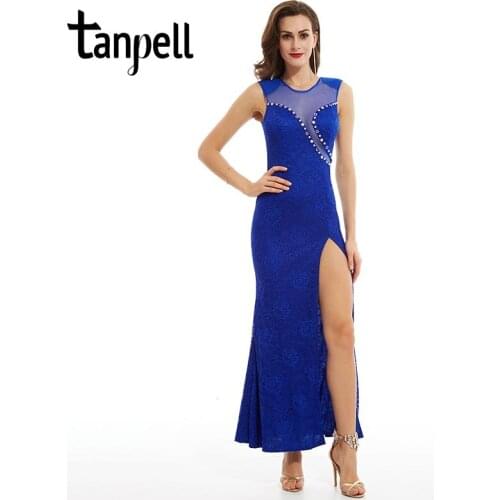 Tanpell split-front evening dress dark royal blue cap sleeves straight floor length dress cheap scoop beaded prom evening dress