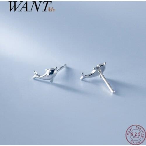 WANTME 925 Sterling Silver Cute Glossy Ocean Dolphin Small Stud Earrings for Women Simple Teen Biological Jewelry Accessories
