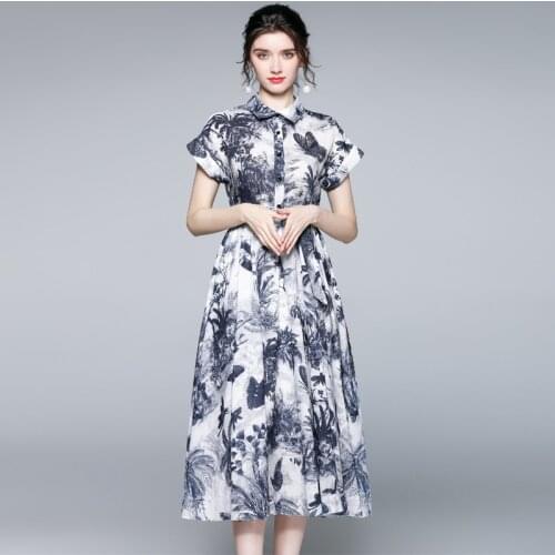 Menahem Fashion Runway Jungle Ink Printed Mid-Length Lace-Up Belt Shirt Dress Summer Women Short Raglan Sleeve Elegant Dress
