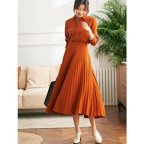 Pleated Dress Women Elegant Design One Piece Set 30% Acetate Blended Long Sleeves A-line 2 Colors Long Dress Ladies New Fashion