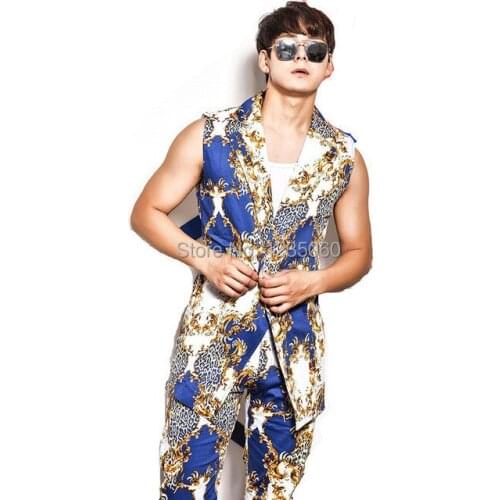 Vest+pants) male vest suit nightclub bar stage costumes slim 2 piece sets singer prom show hip hop jazz DS performance clothing