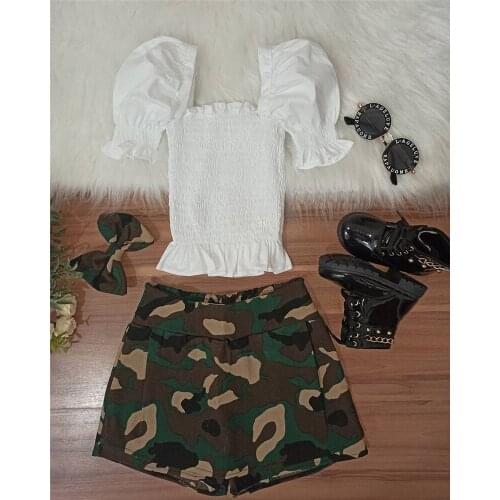 1-6Years Fashion Kids Girls Summer Casual Clothes Sets 2pcs Puff Short Sleeve T-shirts Tops+Camouflage Print A-line Skirts