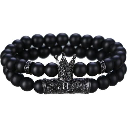 2PCS/SET Black Crown Matte ONyx Bracelet And Rhinestone Balls Onyx
