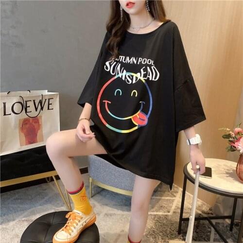2021 Women Summer T Shirt Smiling Face Pattern Three Quarter Sleeves Loose long Style Cotton T-shirt