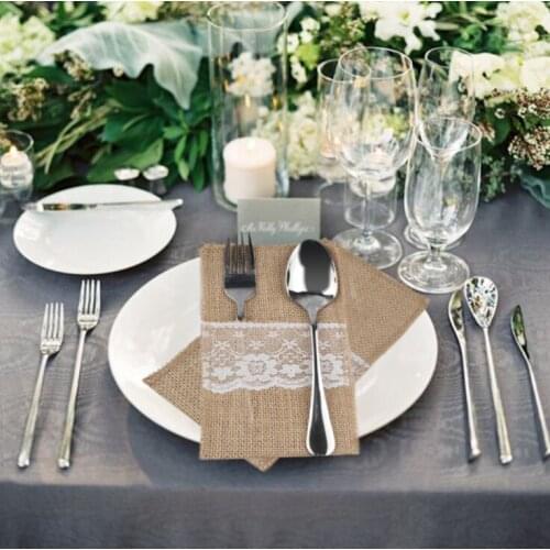 Free shipping 50pcs Jute Burlap Cutlery Pocket Vintage Rustic Wedding Tableware Bags Wedding Decoration Centerpieces Table
