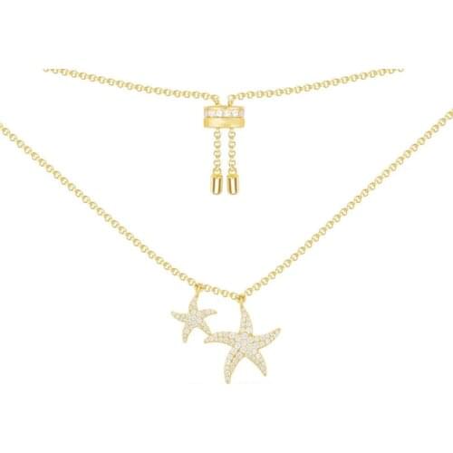 SLJELY Fashion Real 925 Sterling Silver Gold Color Double Starfish Sea Star Pendant Adjustable Necklace Women Fine Brand Jewelry
