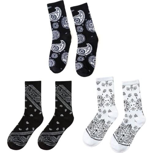 Ethnic Paisley Floral Crew Socks Hip Hop Black White Skateboard Cotton Hosiery