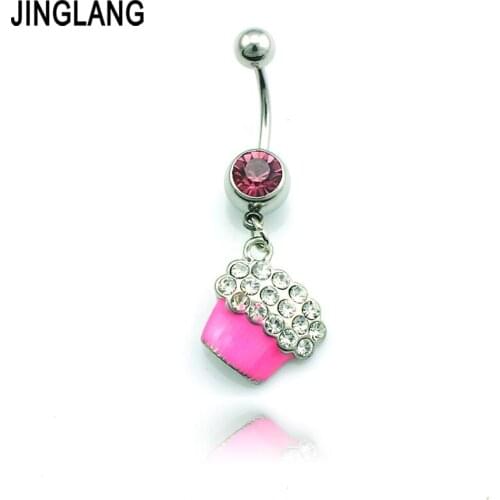 JINGLANG Fashion Belly Button Rings Stainless Steel Barbell Dangle White Rhinestone Pink Bucket Navel Piercing Jewelry