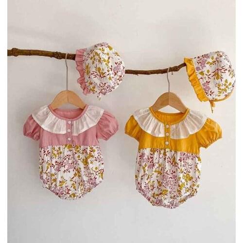 Summer Baby Girls Bodysui Princess Lotus Leaf Collar Puff Sleeve Floral Jumpsuit Toddler Clothes + Cap