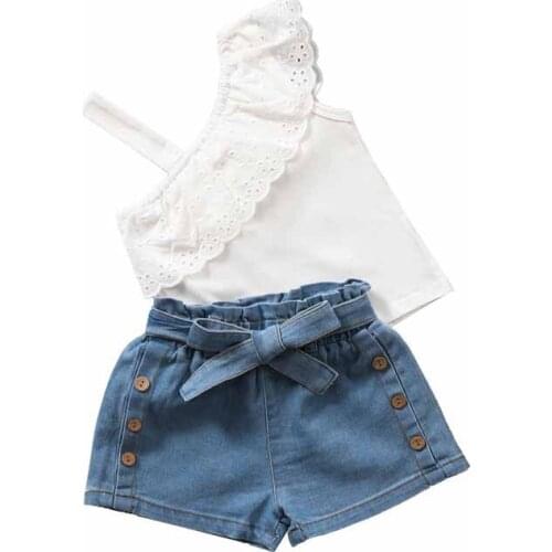 Childrens Clothing Sets 2021 Sweet Girls clothes Summer New Cotton White Camisole Denim Shorts Casual Two-Piece Set Suit 0-5y