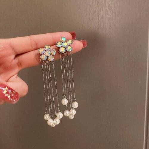 Korean Fashion Vintage Luxury Crystal Flower Pearls Pendants Elegant Dangle Earring for Women Girls Long Tassel Earrings Jewelry
