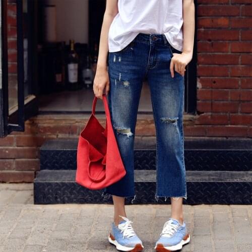 MICOCO N0838C Korean fashion personality wash torn hole edge slim eight straight leg jeans
