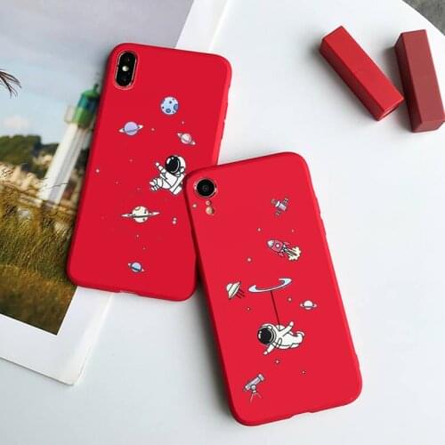 Cute Cartoon Astronaut Star Space Phone Case Red Candy Color for iPhone 6 7 8 11 12 s mini pro X XS XR MAX Plus