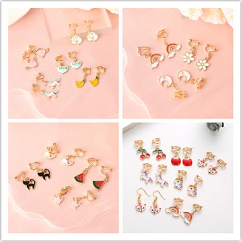 Fashion Jewelry Cute Cartoon Animal Fruit Kids Clip on Earrings Non Pierced for Girl Women Party Gift