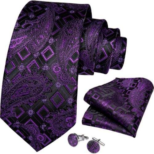 Men Tie Purple Black Paisley Design Silk Wedding Tie for Men Handky cufflink Gift Tie Set DiBanGu Party Business Fashion SJT7299
